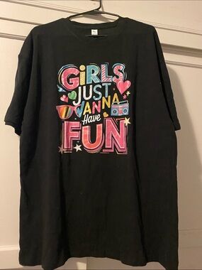 “Girls Just Wanna Have Fun” Black Graphic Iron-On Tee
